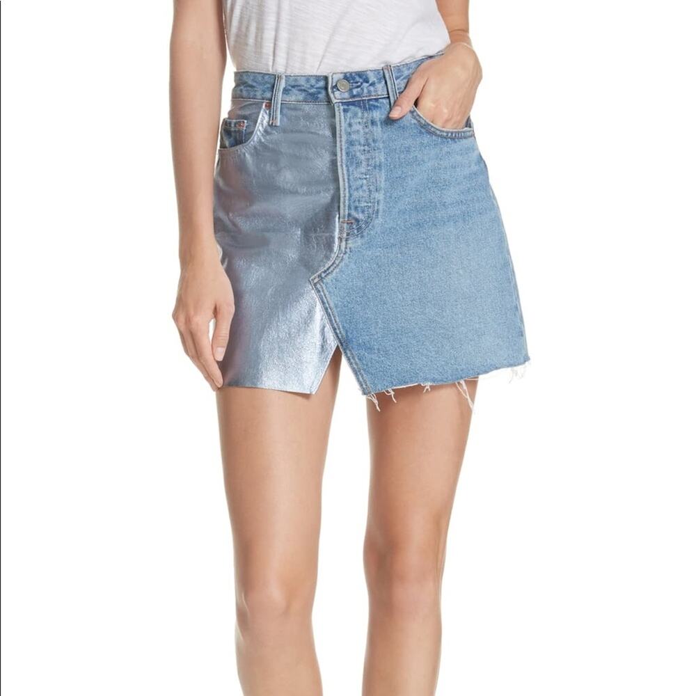 Grlfrnd Milla Women's Size 29 Light Wash Mini Skirt Metallic Leather Panel Denim - Picture 1 of 8